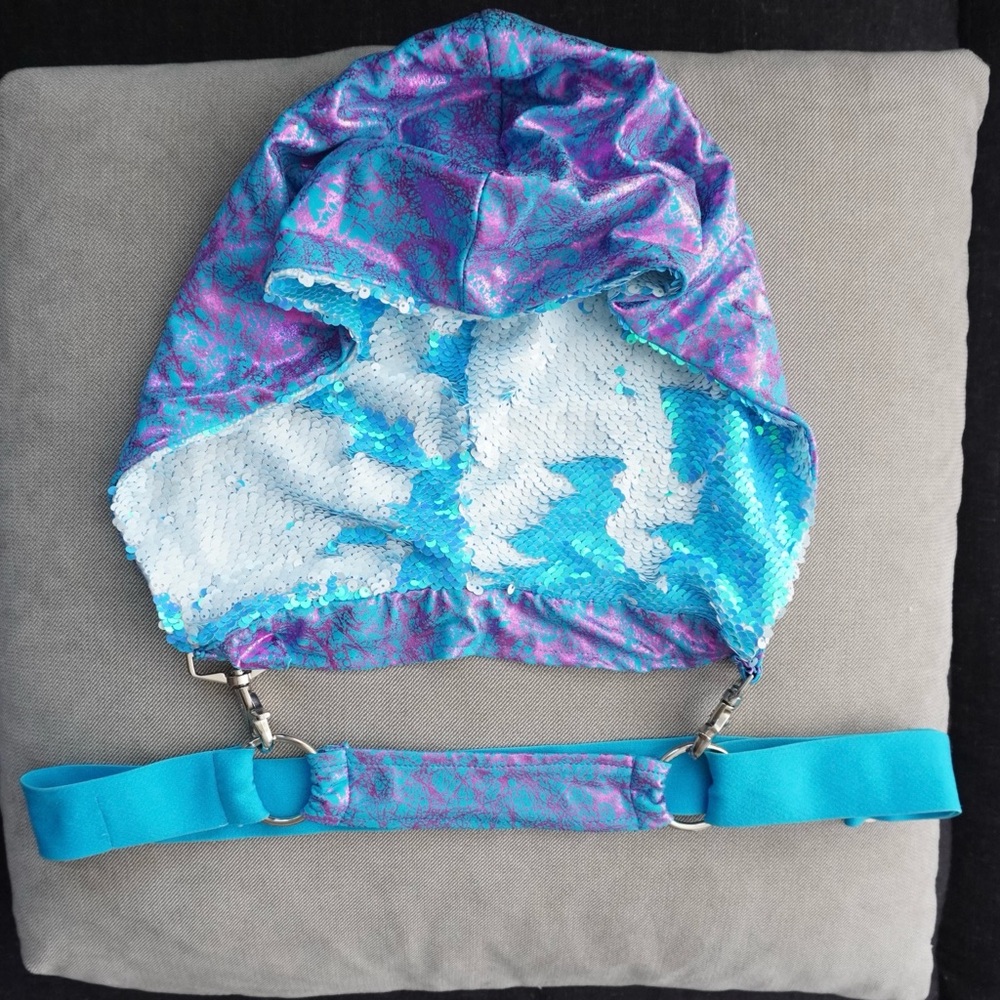 Blue and Purple Hooded Sequin Cape. And harness.  Adjustable. Reversible.
